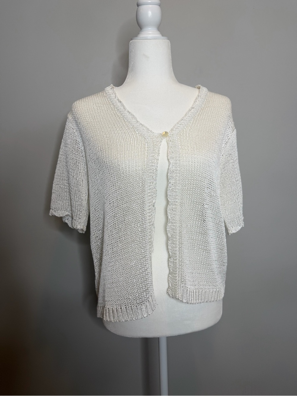 Vintage Sag Harbor Open Knit Cardigan Womens M White Short Sleeve Sheer Y2K